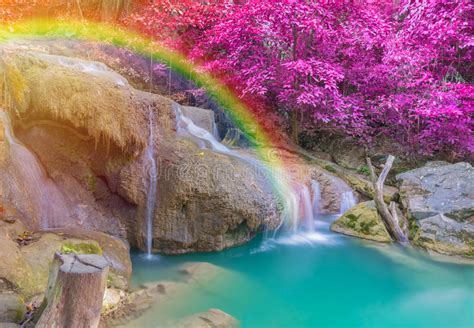 Wonderful Waterfall With Rainbows In Deep Forest At National Park Stock