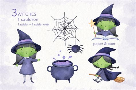 Green Little Witch Watercolor Halloween Clipart Cute Witch Png By