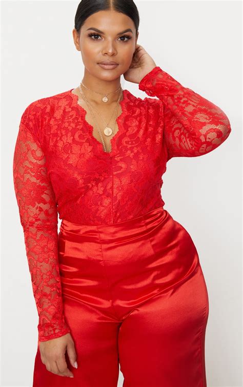 Plus Red Plunge Lace Bodysuit Plus Size Prettylittlething Ca