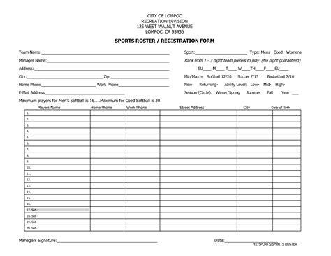Sports Roster And Registration Form Templates At