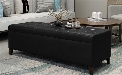 homebeez faux leather storage ottoman bench tufted rectangular footstool midnight