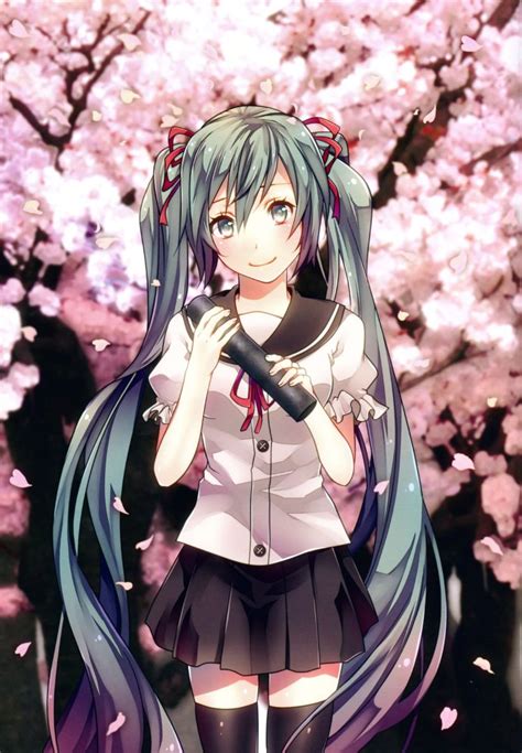 Vocaloid Hatsune Miku Long Hair Ribbon Cherry Trees Flower Petals