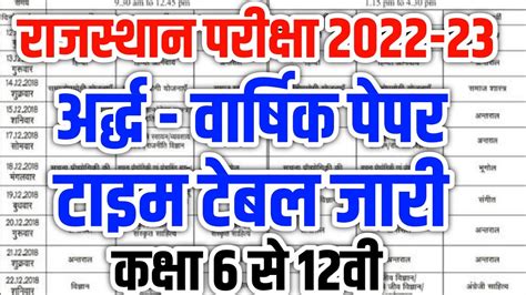 Rajasthan Class 6th To 12th Half Yearly Exam 2022 23 Time Table Rbse