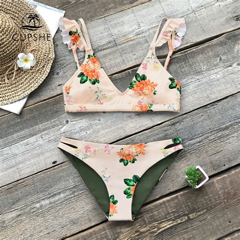 Cupshe Floral Print Ruffle Reversible Bikini Sets Women Sexy Thong Two Pieces Swimsuits 2019