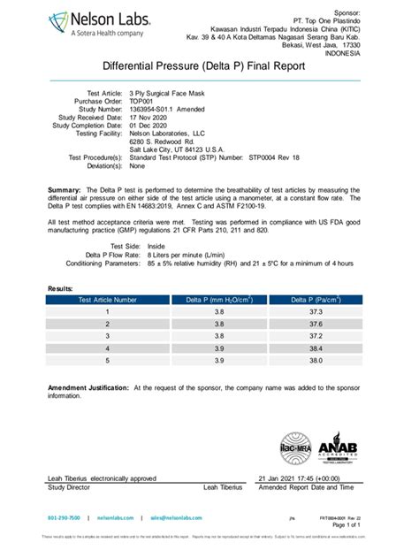 Below Test Result For Our Surgical Face Mask From Nelson