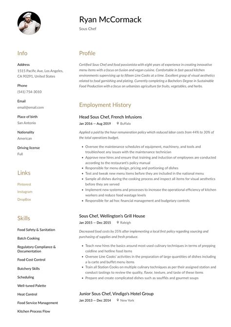 Sous Chef Resume Template Chef Resume Resume Examples Resume Guide