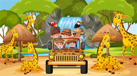 Kids Tour In Safari Scene With Many Giraffes 2701419 Vector Art At Vecteezy