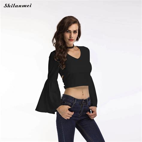 Ruffled Long Sleeve Blouse Shirt Women Cropped Tops Autumn V Neck Lace