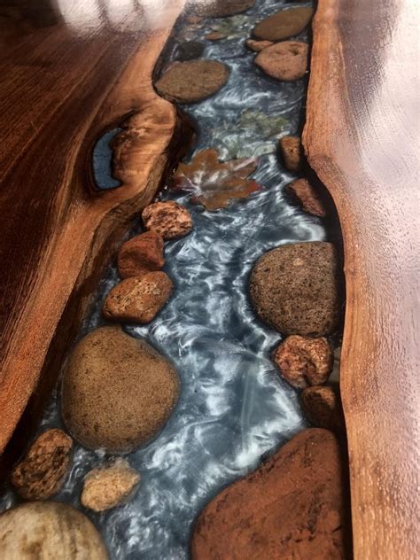 9ft Walnut Live Edge River Table With Stone And Leaves Etsy Wood