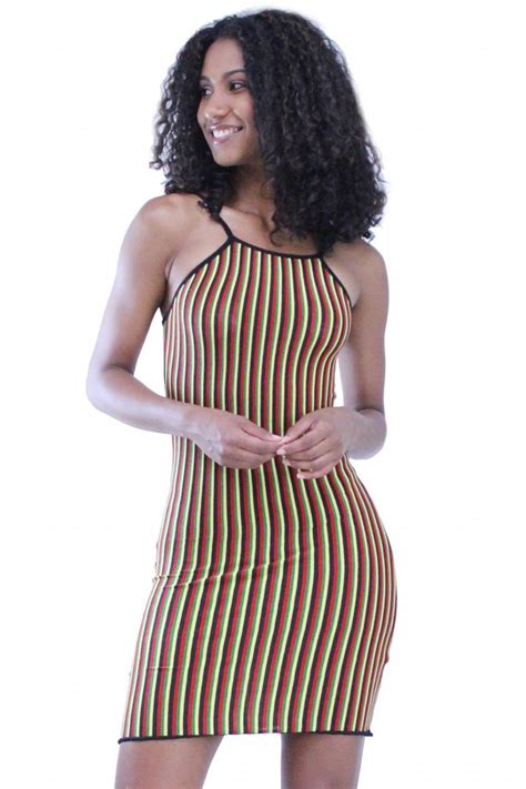 multi jamaican stripe formfitting skinny halter lettuce edge mini dress