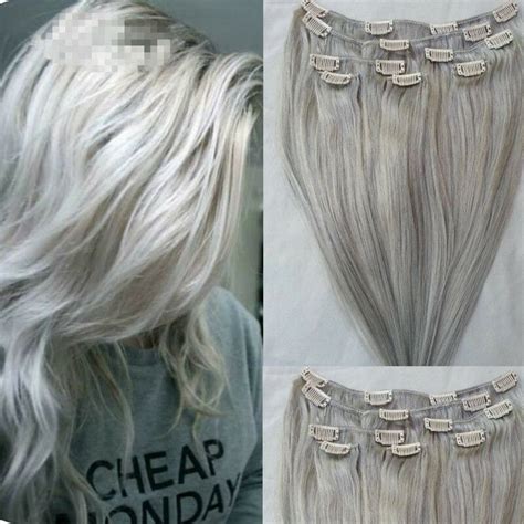Remy Clip In Human Hair Extensions Silver Grey Clip In