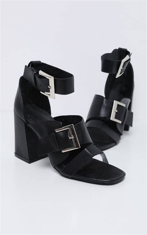 black big buckle block heel square toe sandal prettylittlething buckle block heels square