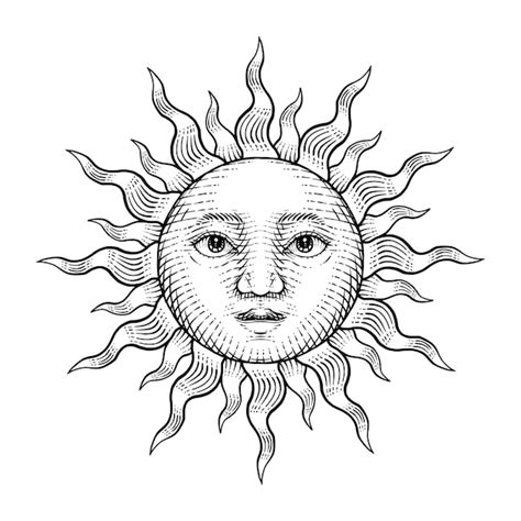 Ilustração Da Face Do Sol Desenhada Em Estilo De Gravura Vetor Premium