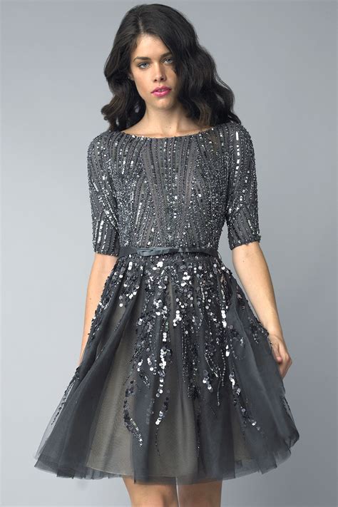 Tulle And Sequin Cocktail Dress With 3 4 Sleeve And Flare Skirt Cocktail Dresses Uk Cocktail
