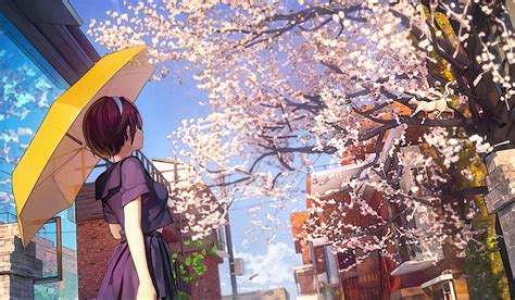 Anime Girl Wink Cherry Blossom Cute School Uniform Smiling Anime