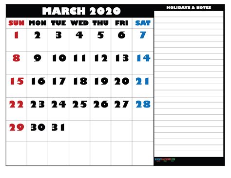 March 2020 Calendar With Holidays Free Printable