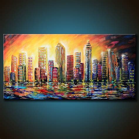 48x24 Original City Abstract Painting Colorful Textured Etsy Oil