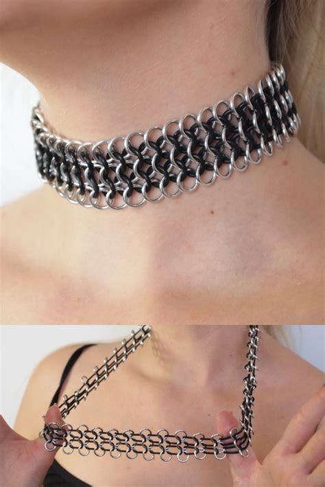 Wide Chainmail Choker Handmade Stretchy Necklace In Silver And Black