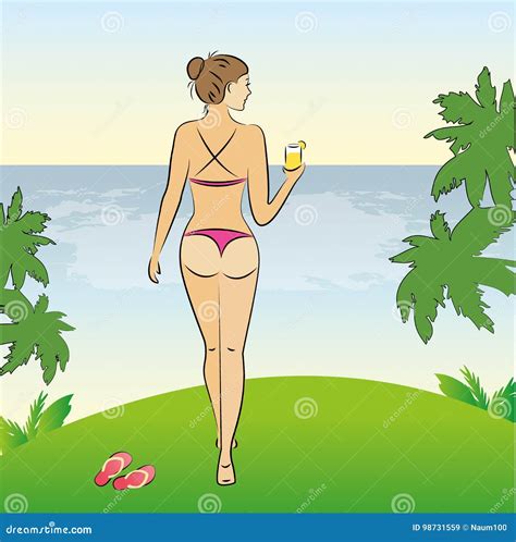 Beauty Woman In Bikini Standing On The Shore Of The Beach Stock Vector Illustration Of Sports