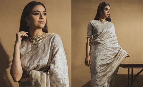 Keerthy Suresh Shines In A Metallic Linen Saree For Vaashi Promotions