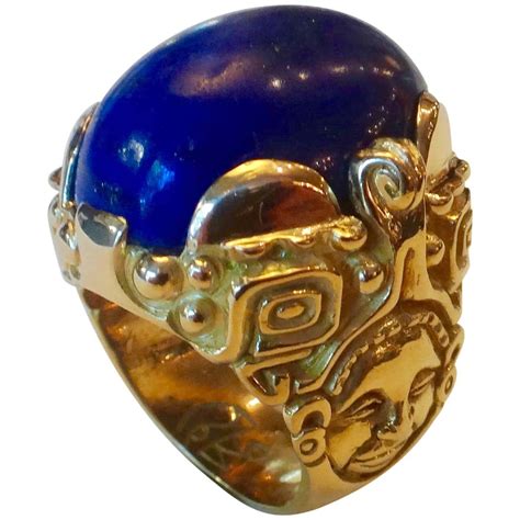 Lapis Lazuli Aztec Design Norah Pierson Gold Ring At 1stdibs Norah