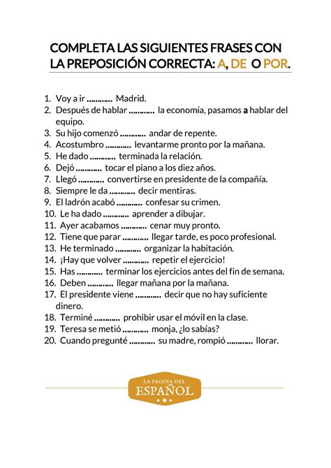 Completa Con La Preposición Correcta A De O Por La Página Del Español Spanish Worksheets