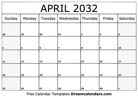 April 2032 Calendar Free Blank Printable With Holidays