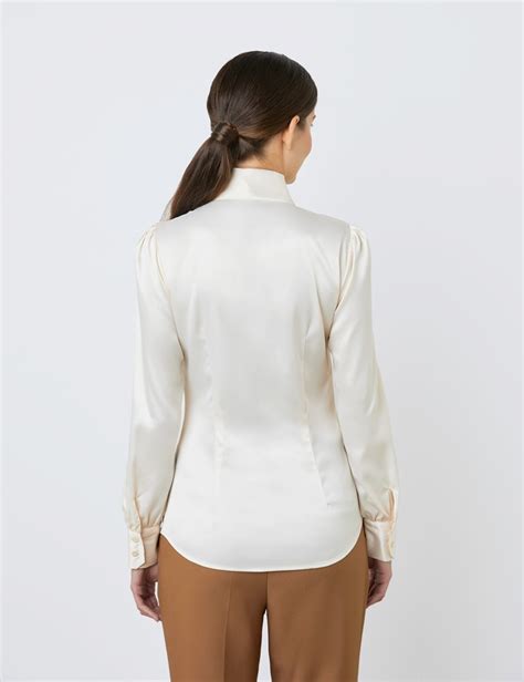 Womens Cream Fitted Satin Blouse Pussy Bow Hawes And Curtis