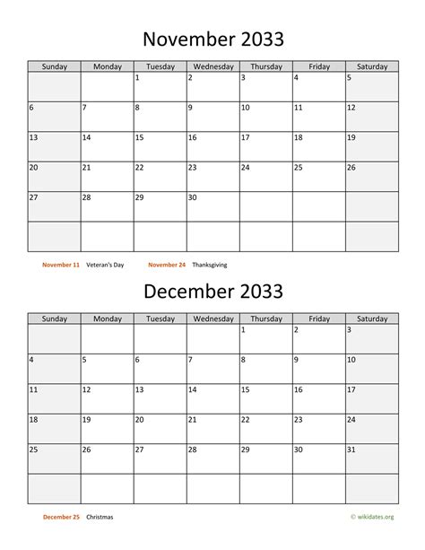 November And December 2033 Calendar