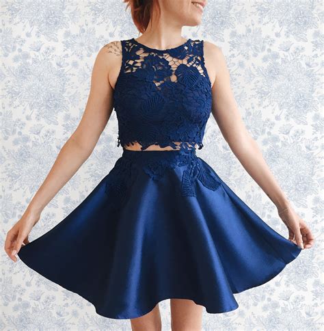 Royal Blue Set With Crocheted Lace Crop Top And Satin Circle Skirt