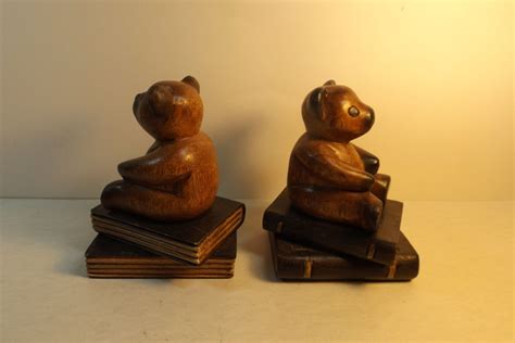 Hand Carved Bookends Bears Set 2 Bookendswooden Bear Sitting On Books