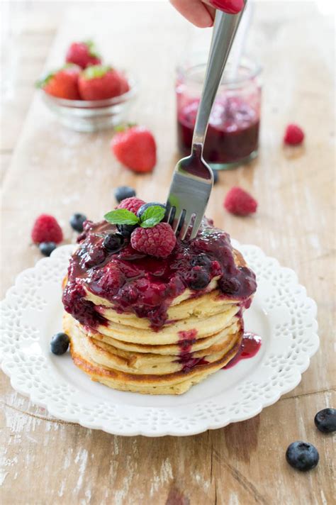They're made using easy pantry ingredients for a fast and simple breakfast. Greek Yogurt Pancakes with Mixed Berry Compote