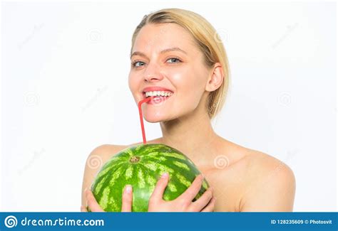 enjoy natural juice girl nude drink fresh juice whole watermelon fruit cocktail straw white