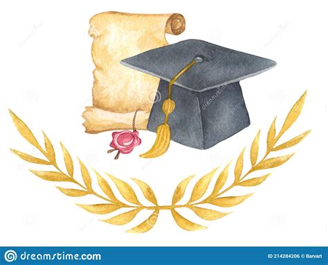 Watercolor Graduation Cap With Diploma And Laurel Wteath Hand Drawn