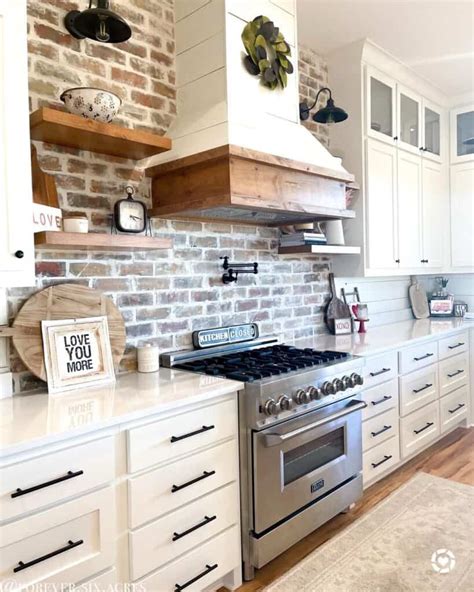 Farmhouse Kitchen With Mortar Wash Brick Backsplash Soul And Lane