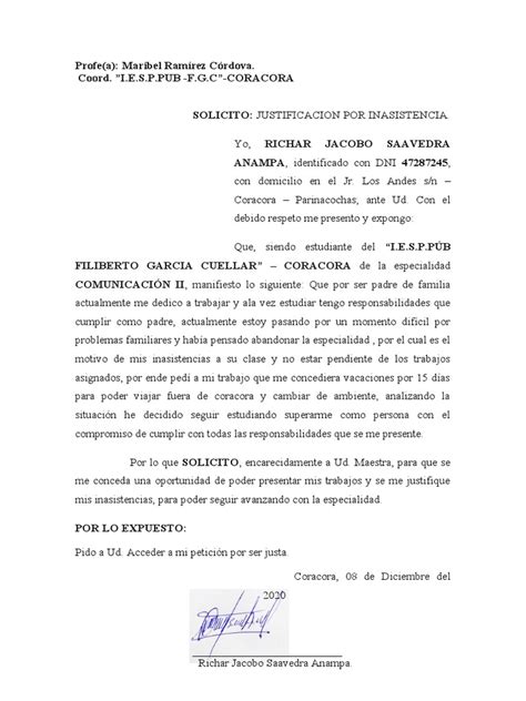 Solicitud Justificacion De Inasistencia Pdf