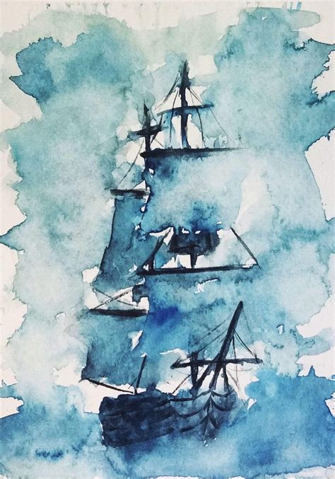 Sailing Ship Watercolor 5x7 Art Акварельные иллюстрации