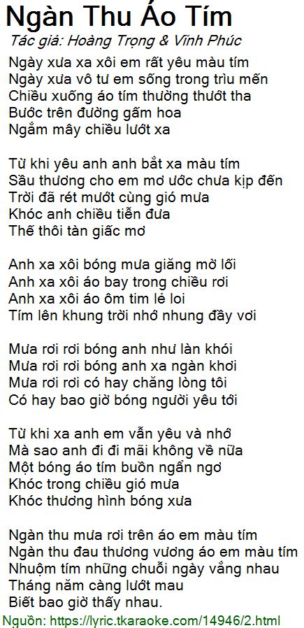Cơ quan công an đã chỉ ra sai phạm trong hoạt động kinh doanh. Lời bài hát Ngàn Thu Áo Tím (Hoàng Trọng & Vĩnh Phúc) [có ...