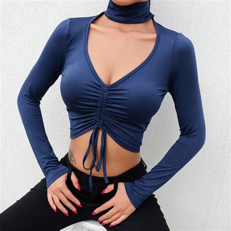 Turtleneck Sexy Cropped T Shirt Elegant Woman Long Sleeve Tee Shirt Femme Crop Top Pleated