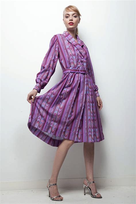 Purple Aztec Print 70s Shirtwaist Dress Striped Pleated Long Etsy