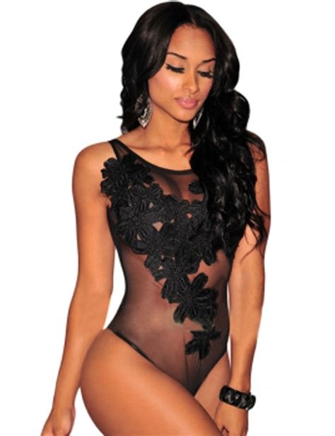 Floral Embroider Sheer Mesh Bodysuit Sleeveless Sexy Lingerie