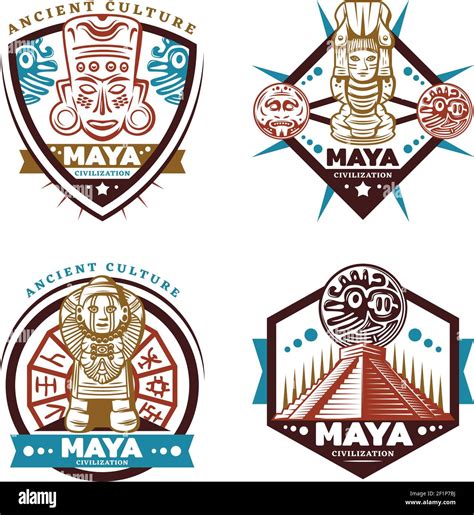 Vintage Colored Maya Civilization Emblems Set With Tribal Mask Totems