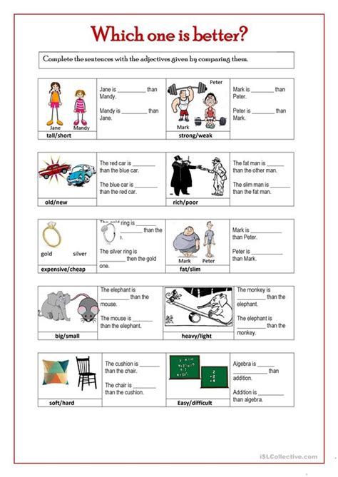 , spelling and question and answer activities to learn proper use of adjectives as subject complements. Comparatives - English ESL Worksheets for distance ...