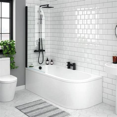 Shop The J Shaped Shower Bath 1700mm With Matt Black Screen Curved