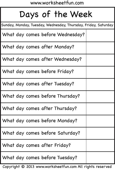 days   week worksheet english lessons  kids learning