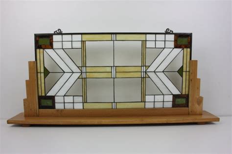 Stained Glass Window Panel With Wooden Display Stand In American Art Deco Style With Abstract