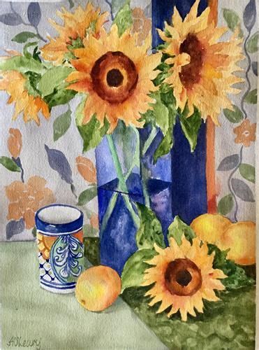 Daily Paintworks Sunflowers In Blue Vase Original Fine Art For