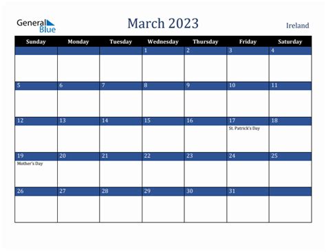 March 2023 Monthly Calendar With Ireland Holidays