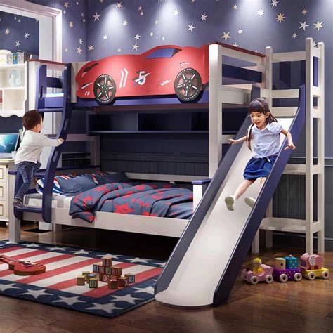 Custom Children Furniture Car Shape Bunk Bed With Slide Multifunctional