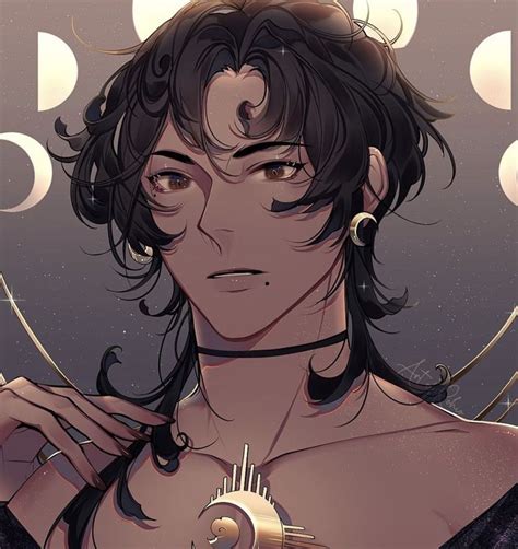 Anime Black Hair Tan Black Curly Fluffy Crescent Moon Hair Male Guy Boy